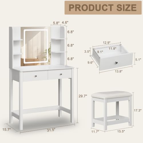Vanity Desk with LED Mirror, 3 Lighting Modes and Chair | Small Makeup Vanity Table Set with Drawers, Dressing Table with Power Outlet for Girls Bedroom, White