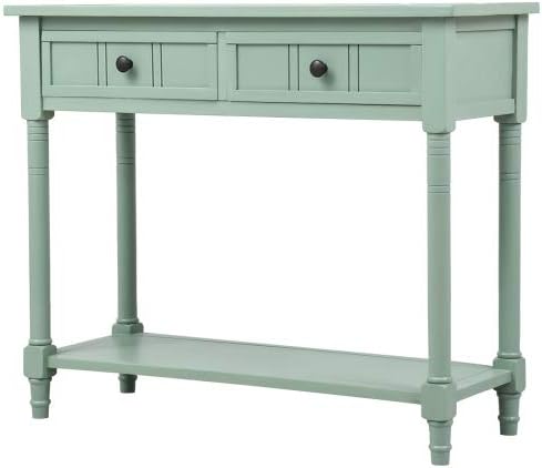 Bellemave Console Table with 2 Drawers & Bottom Shelf, Retro Entryway Table with Storage & Turned Roman Legs, Solid Wood Sofa Tables for Entrance, Hallway, Living Room (Green/35)