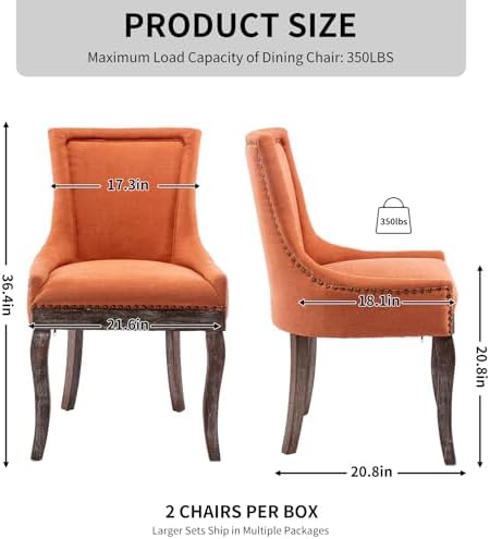 Modern Dining Chairs Set of 4, Fabric Upholstered High Back Chairs with Nailhead Trim and Curved Solid Wood Legs, Sillas de Comedor Accent Chairs for Dining Room, Orange