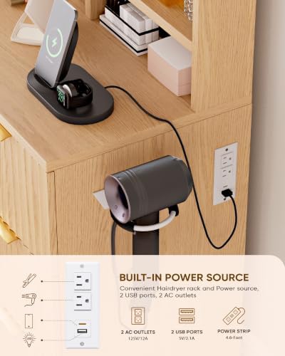 LIVELYGLOW 35.4" Wooden Makeup Vanity Set with Charging Station & Stool | Smart LED Mirror, Fluted Design, Cushioned Stool, Hairdryer Rack