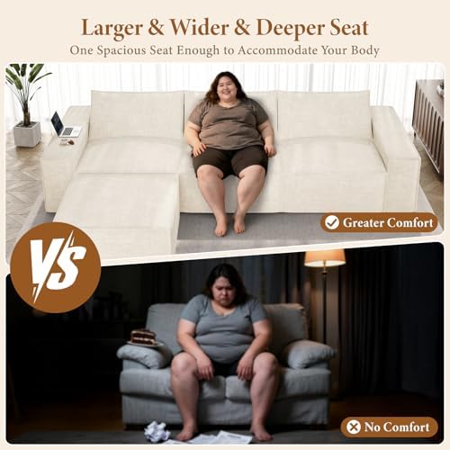 Vesgantti 114" L Shaped Couch, Deep Seat Sectional Sofa, Beige | Oversized 3 Seater Modular Couch with Ottoman, Cloud Sofa for Living Room, No Assembly Required, Free Combination, Chenille