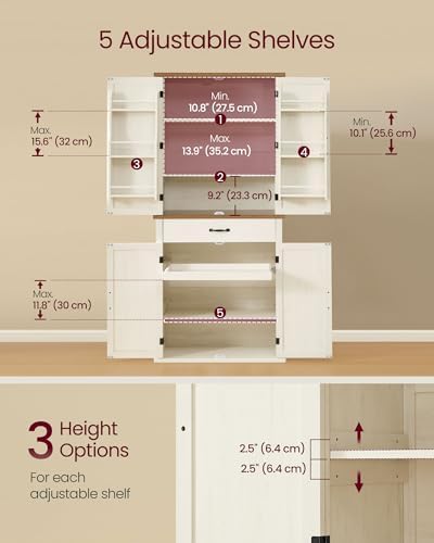 VASAGLE Pantry Cabinet, Freestanding Tall Cupboard with a Drawer | 15.8 x 31.5 x 70.3 Inches, 2 Cabinets, 4 Adjustable Shelves, Rustic White and Honey Brown, LIRY Collection UBBK364W01