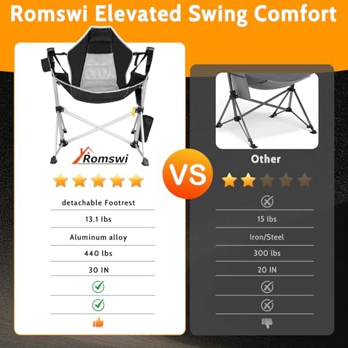 Romswi 2-Pack Aluminum Hammock Chair with Footrest, Oversized Portable Folding Swinging Chair with Adjustable Back & Seat, Lightweight Rocking Camp Chair Supports 440lbs for Outdoor, Patio - Black