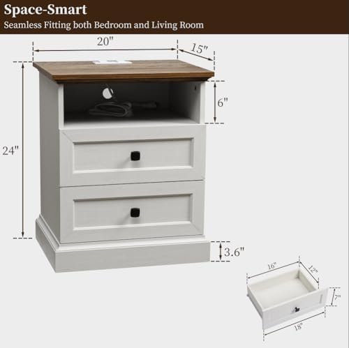 24.5" Farmhouse Night Stand Bedside Table with 3 Drawer for Bedroom | Set of 2 Wood Nightstand End Table with Open Shelf Outlet and USB for Bedroom, Closet, Antique White