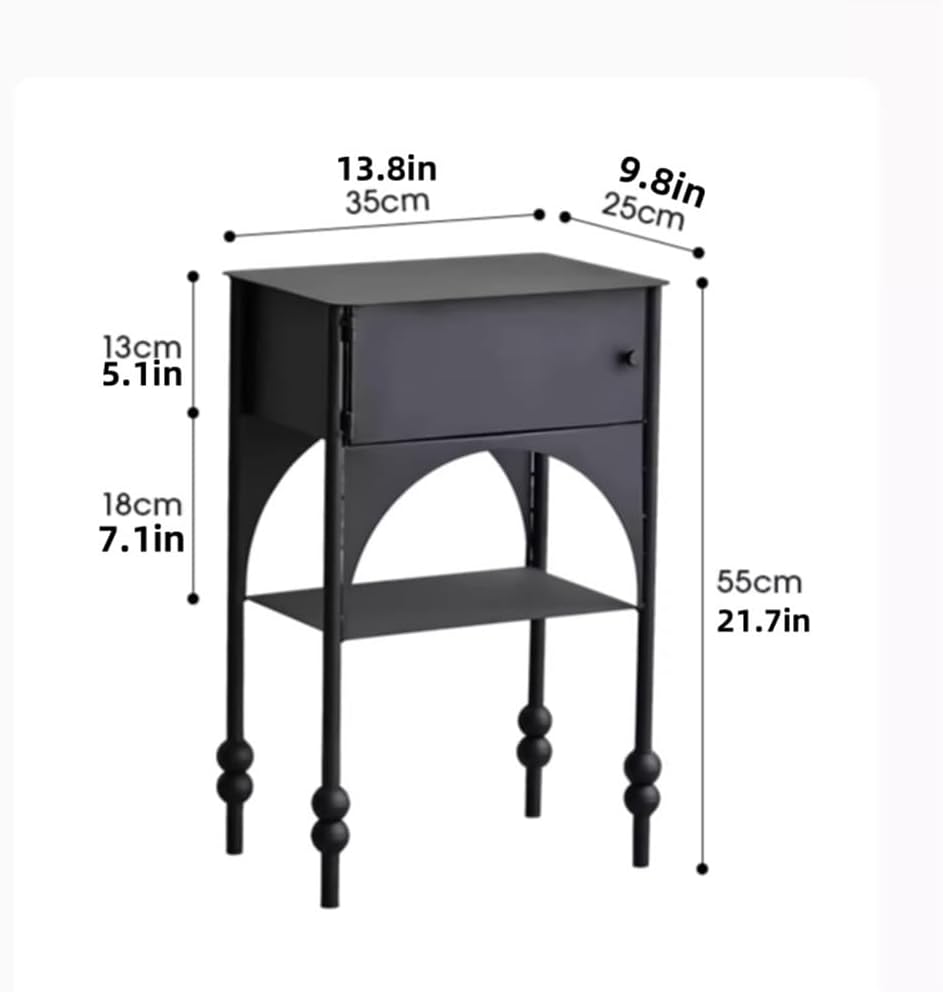 Black Side Table with Drawer, Wrought Iron Nightstand, 2-Tier End Table, Narrow Cabinet for Bedroom，Living Room, Office