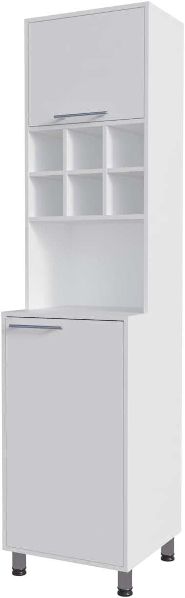 White Kitchen Pantry with Pneumatic Door and Open Storage | Pneumatic door for smooth opening and concealed storage space
