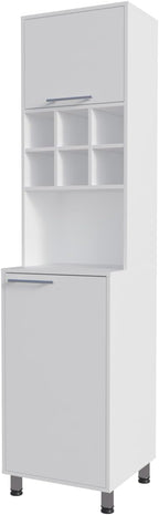 White Kitchen Pantry with Pneumatic Door and Open Storage | Pneumatic door for smooth opening and concealed storage space