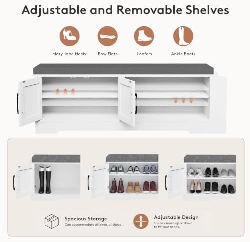 Farmhouse Shoe Storage Bench with 3-in-1 Entryway Storage & Padded Seat | 47.3" Wide Entryway Bench with Adjustable Shelves, Shoe Organizer & Side Storage Rack for Living Room, Bedroom, White