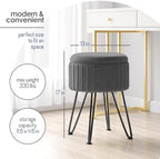 Round Ottoman with Storage, Pleated Velvet Storage Ottoman, Foot Stool Ottomans, Makeup Vanity Stool, Small Ottomans Foot Rest, Modern Vanity Stools for Living Room and Bedroom, Grey