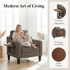 Accent Chairs Set of 2 for Living Room, Mid-Century Upholstered Armchair with Foldable Table & 2 Side Pockets, Modern Linen Wooden Sofa Chair for Bedroom & Reading Room, Brown