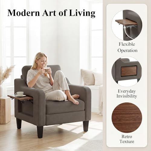 Accent Chairs Set of 2 for Living Room, Mid-Century Upholstered Armchair with Foldable Table & 2 Side Pockets, Modern Linen Wooden Sofa Chair for Bedroom & Reading Room, Brown