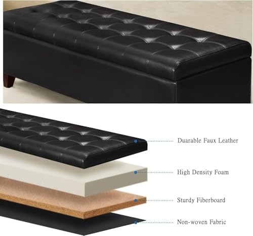Black Ottoman with Storage Faux Leather Storage Ottoman Bench | 51 Inch Upholstered End of Bed Ottomans with Hinged Lid, Rectangle Long Foot Rest Bench for Entryway Living Room Bedroom