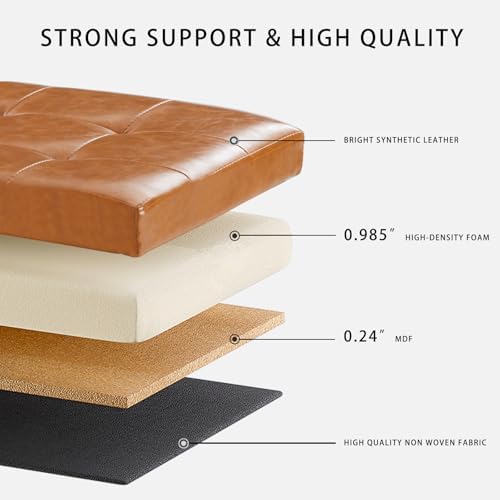 HAUSFRAU Ottoman with Storage Bench Folding Foot Rest Stool Ivory | 31.5", Flip Lid, Small Upholstered Foldable Footrest Footstool, Bedroom Bench, Living Room Dorm Ottoman, Faux Leather