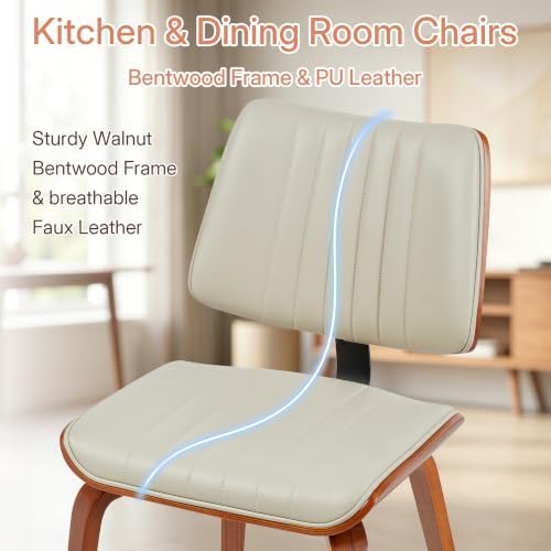 Dining Chairs Set of 4, Mid Century Modern Dining Walnut Chairs,Beige | Faux Leather Dining Chair with Upholstery and Bentwood Open Backrest, Armless Dining Room Sets for Kitchen,Study Room