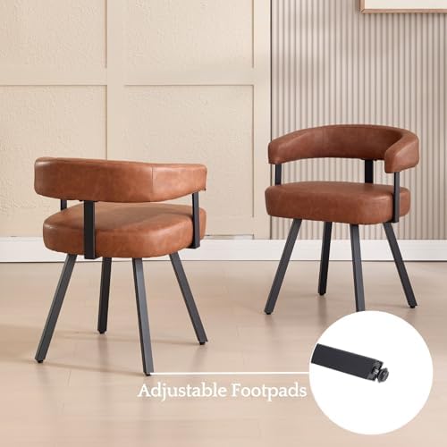 LukeAlon PU Leather Dining Chairs Set of 4, Simple Upholstered Side Chair with Padded Open Barrel Back Modern Guest Chair with Black Metal Legs for Kitchen Dining Room, Brown