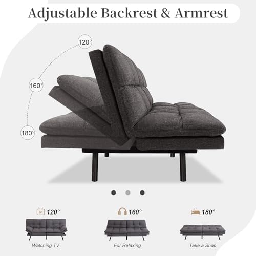 Opoiar Futon Sofa Bed Convertible Memory Foam Couch Bed, Modern Sleeper Sofa with Adjustable Armrests&Backrests, Christmas Futon Sets for Compact Living Spaces Office Dorm Bonus Room,Grey
