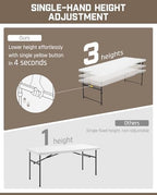 FanttikOutdoor Folding Table 6ft Quick Adjust 3 Heights Picnic Party Dining | One-Handed Adjustable Height, Fixing Lock, Carry Handle Heavy Duty Portable Fold-in-Half, Indoor Outdoor White Zeta X6 Pro
