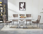 7 Piece Dining Table Set with Chairs, Faux Marble Dining Table and Gray Chair Set for 6, White Silver Dining Room Table Set with X-Shape Stainless Steel Base, Morden Kitchen Table and Chairs for 6