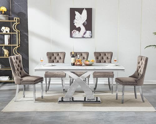7 Piece Dining Table Set with Chairs, Faux Marble Dining Table and Gray Chair Set for 6, White Silver Dining Room Table Set with X-Shape Stainless Steel Base, Morden Kitchen Table and Chairs for 6