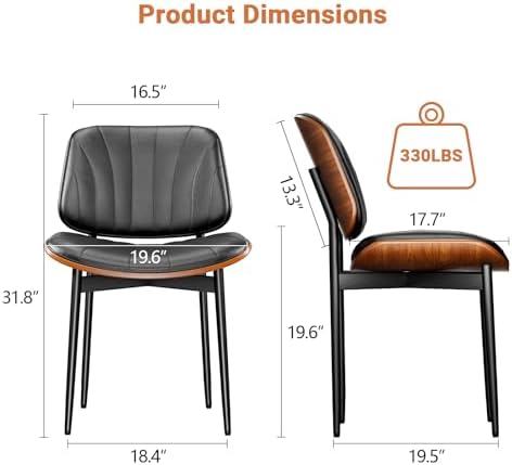 YaFiti Dining Chairs Set of 2, Mid Century Modern PU Leather Kitchen Chairs | Ergonomic Walnut Backrest, Upholstered Waterproof Faux Leather Seat, Stable Metal Legs, Adjustable Footpads, Black Scallop