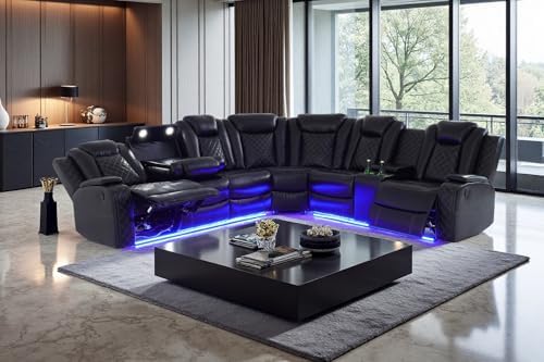 A Ainehome Power Recliner Set, Leather Sectional Sofa Set for Living Room, Home Theater, with LED Lights, Cup Holder, Hide-Away Storage, Wireless Charging(A-Black)