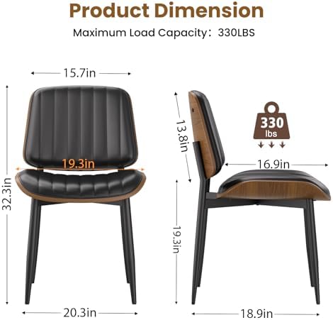 YaFiti Dining Chairs Set of 2, Mid Century Modern PU Leather Kitchen Chairs | Ergonomic Walnut Backrest, Upholstered Waterproof Faux Leather Seat, Stable Metal Legs, Adjustable Footpads, Black Pinstripe