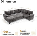 109" Sectional Sleeper 7 Sest Modular Couch Pull-Out Storage Sofa Bed | MastonHome Convertible U-Shaped Cloud Couch with Pillow Armrests, Chenille Fabric for Living Room, Apartment, Grey