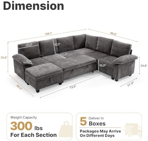 109" Sectional Sleeper 7 Sest Modular Couch Pull-Out Storage Sofa Bed | MastonHome Convertible U-Shaped Cloud Couch with Pillow Armrests, Chenille Fabric for Living Room, Apartment, Grey