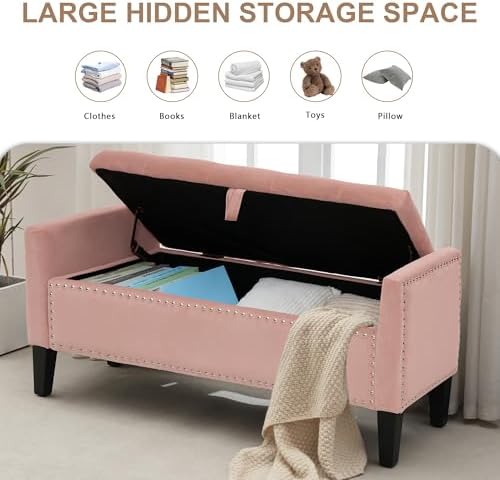 Velvet Ottoman with Storage, 46'' Upholstered Button Tufted End of Bed Bench with Arms, Modern Storage Bench for Living Room, Bedroom, Entryway, Pink