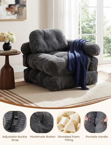 Folding Sofa Bed, L-Shaped Couch Back Support and Arm Pillow Futon | Convertible Sofa Bed for Living Room/Guest Use/Home Office, Foldable Couch for Adults, Dark Gray