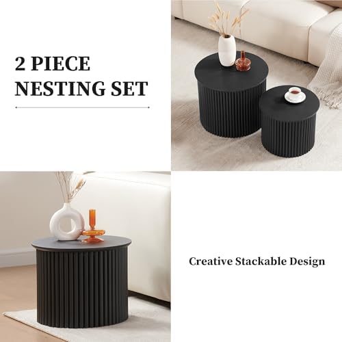 Small Fluted Round Nesting Coffee Table Set of 2, Mid Century Modern Coffee Table Circle Side Table, Wood Nesting Table Farmhouse End Tables Set for Living Room, Bedroom, Small Spaces(Black