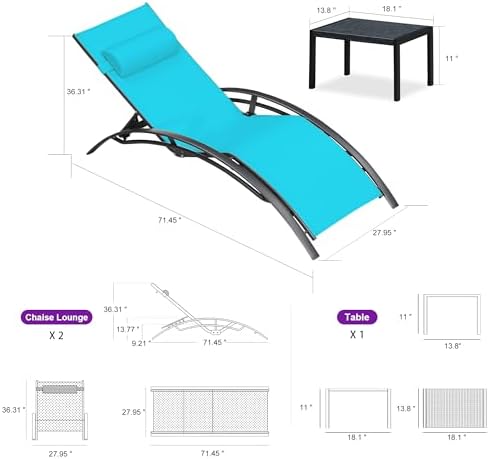 PURPLE LEAF Oversized Pool Chaise Lounge Set Outdoor Chair, Turquoise Blue | Wide Seat, Durable Aluminum Frame, UV Textilene Fades Less, Adjustable Headrest & 5 Recline Angles, S-Curve Backrest with Arm