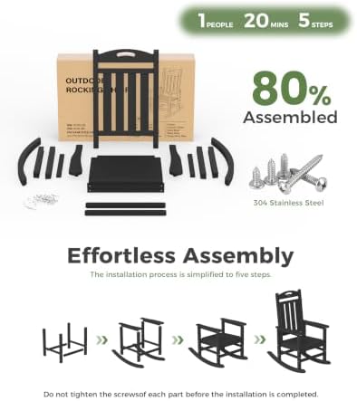 Oversized Outdoor Rocking Chair, High Back Porch Rocker Chair, HDPE All Weather Resistant Rocking Chairs for Patio, 380lbs Weight Capacity, Black