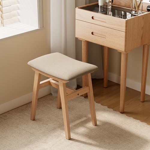 Muwuele Solid Wood Vanity Stool, Compact Makeup Chair with Saddle Cushion, Linen-Covered High Rebound Sponge Seat, Easy Assembly Footstool for Bedroom, Entryway, Home, Natural