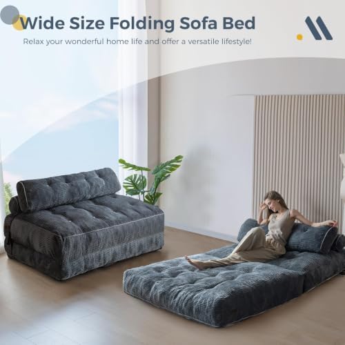 MAXYOYO Folding Sofa Bed, Convertible Chair Bed with Pillow | Foldable Couch with Back Support, Portable Fold Out Chair Comfy Floor Sofa for Living Room Bedroom, Dark Grey, Double