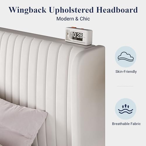 Allewie Queen Size Velvet Bed Frame/Vertical Channel Tufted Wingback Headboard/Upholstered Platform Bed/Strong Wooden Slats/No Box Spring Needed/Easy Assembly/White