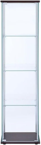BOWERY HILL 4 Shelf Glass Display Case Cabinet with Chrome Support Beams and Cappuccino Brown Top/Base