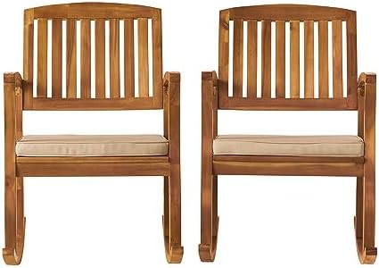 Christopher Knight Home Selma Acacia Rocking Chairs with Cushions, 2-Pcs Set, Teak Finish