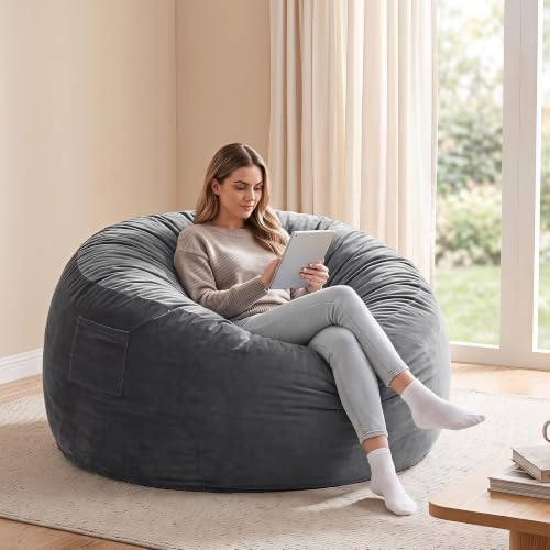 Kromax Bean Bag Chair with Filling Included, Large 4FT Comfy Bean Bag Chairs for Adults, Teens, Memory Foam, Machine Washable Thick Dutch Velvet Cover, for Living Room, Den, or Bedroom, Dark Grey