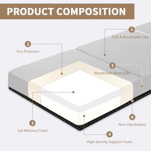 CYMULA Folding Mattress Full Size, 6 inch Memory Foam Tri Portable Murphy Bed and Futon, Full Topper with Breathable & Washable Cover, Foldable Floor Mattress for RV,Guest Beds,Grey,52"×73"×6"
