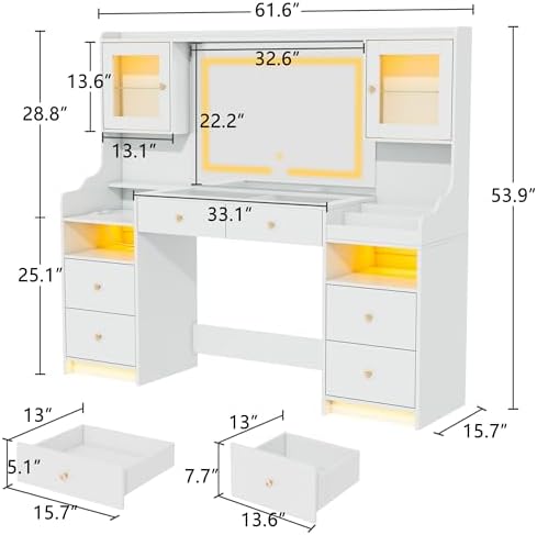 wanan 62" Large White Vanity Desk with Glass Top, Makeup Vanity with Mirror and LED Lights, One-Touch 3 Lighting Modes, Dressing Table with 6 Drawers, 2 Cabinets and Power Outlet for Women, Girls