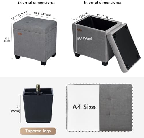 ABHENG Steel Frame Small Ottoman with Storage Footrest Gray UASND70G | 12.2" D x 16.1" W x 17.7" H, Hold 660 lbs, 48L Storage Capacity, Breathable Chenille, Removable Lid, for Dorm Living Room