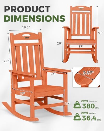 Oversized Outdoor Rocking Chair, High Back Porch Rocker Chair, HDPE All Weather Resistant Rocking Chairs for Patio, 380lbs Weight Capacity, Orange