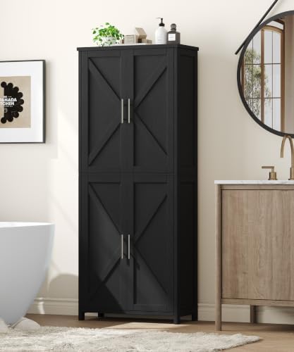 Akxomel 63''H Tall Farmhouse Bathroom Storage Cabinet with 4 Doors Black | Floor Storage Cabinet with Barn Doors, Adjustable Shelf, Pantry Cabinet for Kitchen, Laundry Room, Living Room, Entryway