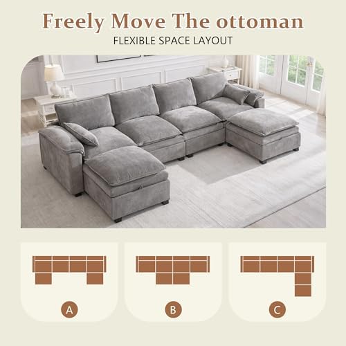 130" Modular Sectional Sofa with Storage, Premium Chenille Cloud Couch with Movable Ottomans, 1200lbs Heavy Duty Deep Seat Sectional, High-Density Foam (Light Gray, 4 Seater & 2 Ottoman)