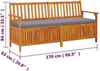 Solid Acacia Wood Storage Bench, 67 Inch Large Outdoor Patio Seating with Thick Cushion, 3-Person Rectangular Garden Bench for Deck, Backyard and Indoor Living Room, Matte Black