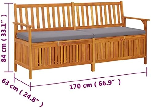 67 Inch Outdoor Storage Bench with Cushion, Solid Acacia Wood Black and Brown Patio Seat for Three, Modern Garden Storage Box for Cushions and Tools