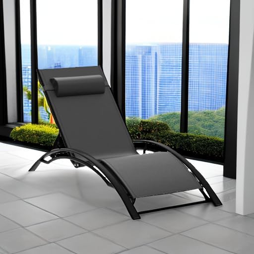 PURPLE LEAF Patio Pool Lounge Chaise Set of 3 Outdoor Lounger Chair, Black | 2 Chaise + 1 Table, Aluminum Frame, UV Textilene Fabric, Adjustable Headrest & 5 Recline Angles, Stackable, S-Curve Backrest