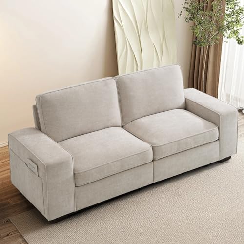 TEKAMON 73" Loveseat Sofa with Seat Storage, 2-Seater Modular Sofa Couch for Living Room, Chenille Fabric, Solid Wood Frame, Spring Cushions, USB Charging, Removable Covers, Side Pockets, Beige