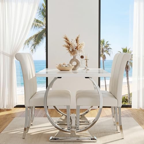 Asday 7 Piece Dining Table Set, Luxury White and Silver Dining Room Table Set with 60 inch Rectangular Dining Table and 6 White Leather Dining Chairs
